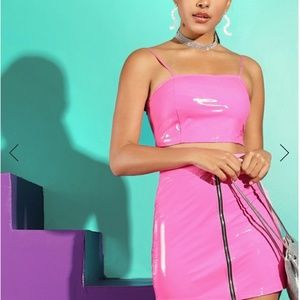 Pink Top And Zip Up Skirt Set